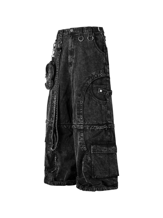 American Heavy Industry High Street Multi-Pocket Jeans for Men and Women, Detachable Vintage Metal Ring Decorated Wide-Leg Cargo Pants