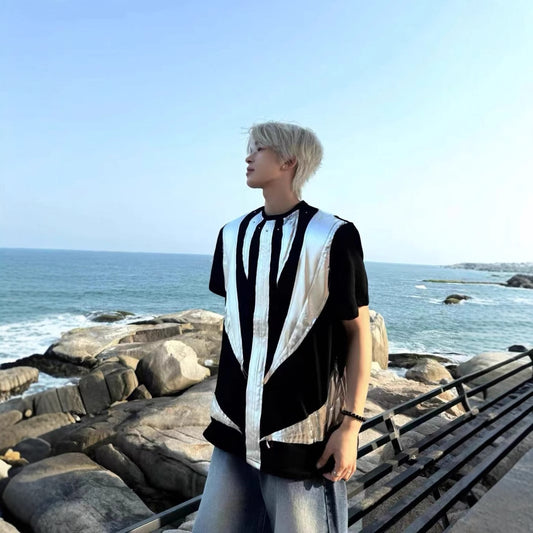 2025Summer New Men's High Street ins Wind Short Sleeve Stylish Color Block Design T T-shirt Breathable