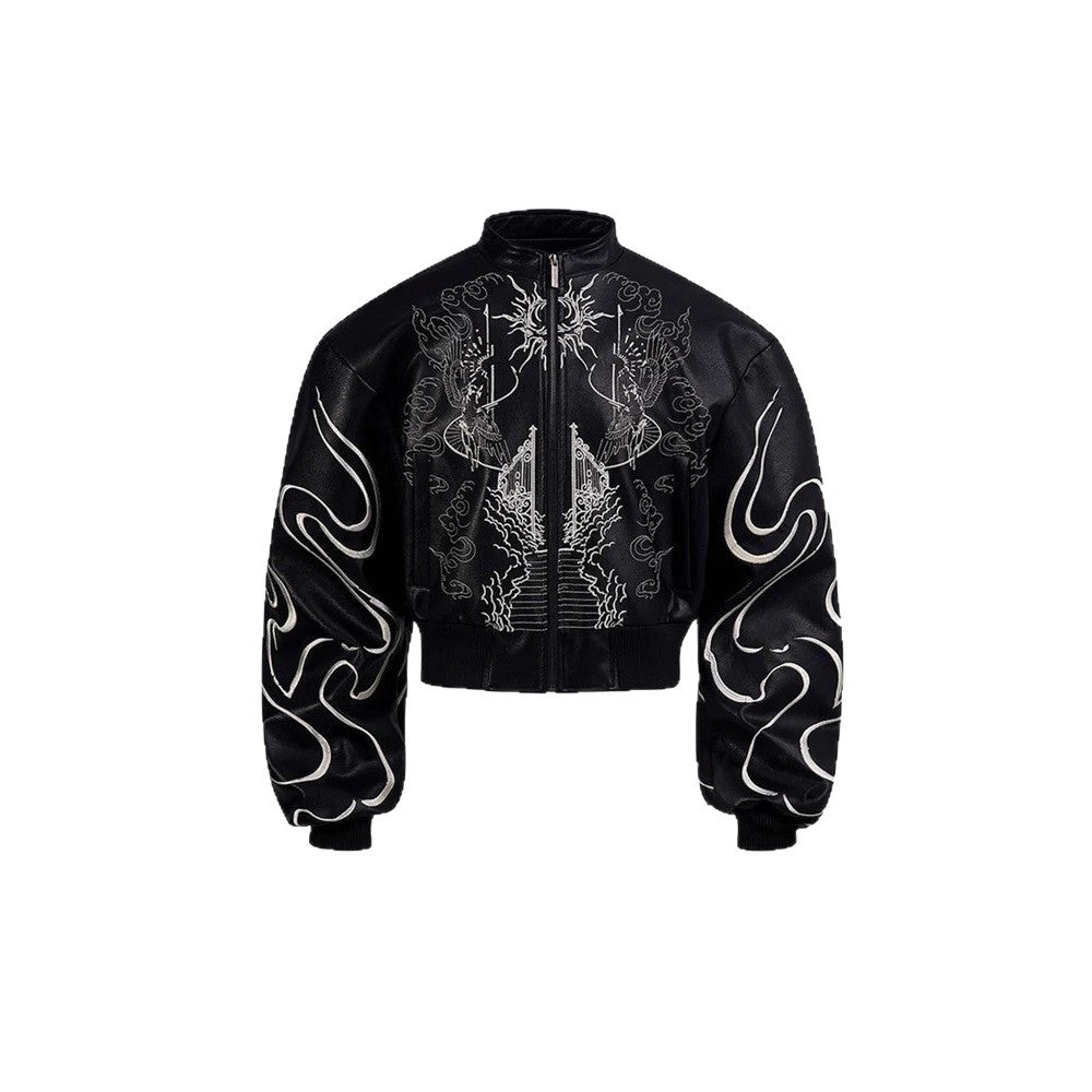 Gothic Style Embroidered Short Leather Jacket for Men and Women, Autumn Stand Collar Motorcycle Short Sleeve Jacket