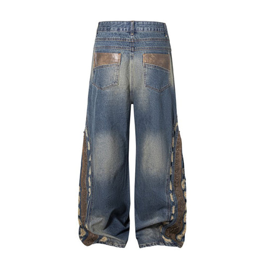 2025Spring New Vintage Patchwork Rivet Decor Loose Wide-Leg Jeans Distressed Slimming Street Style Versatile