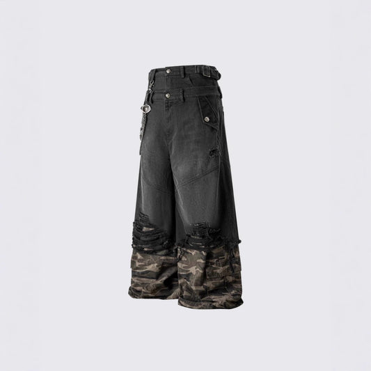 2025American High Street RO Heavyweight Washed Camouflage Embroidered Jeans Fake Two-Piece Wide-Leg Pants