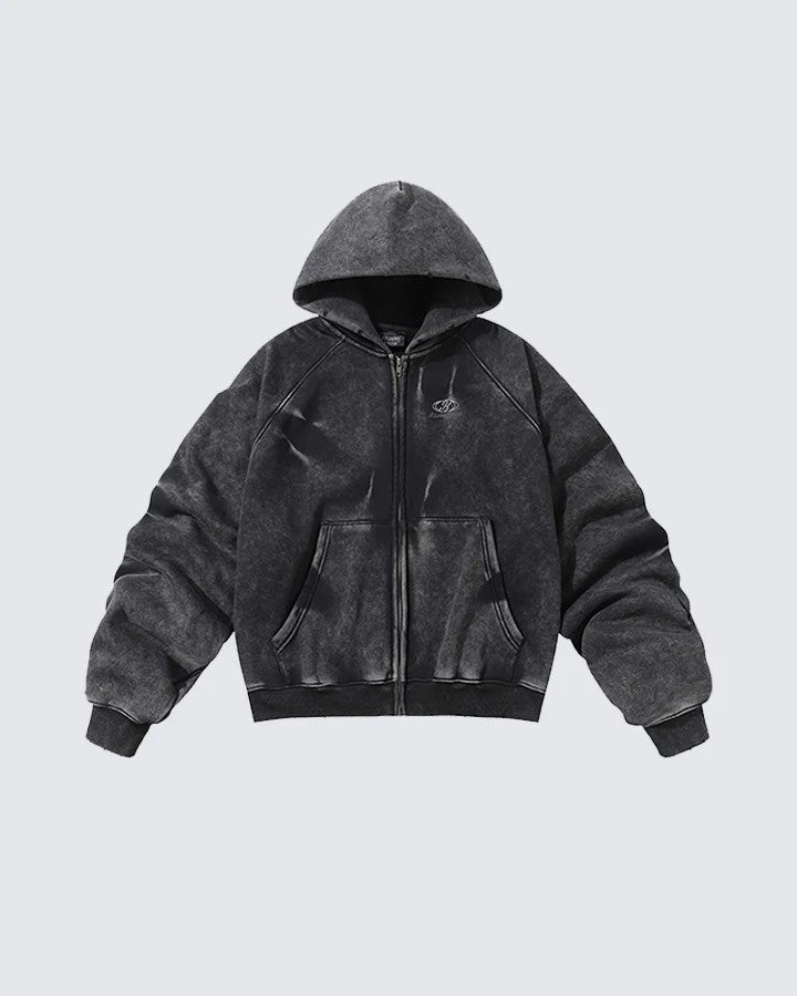 American High Street Vintage Washed Wrinkled Sleeve Hooded Fleece Men's Niche Embroidered Jacket Trendy