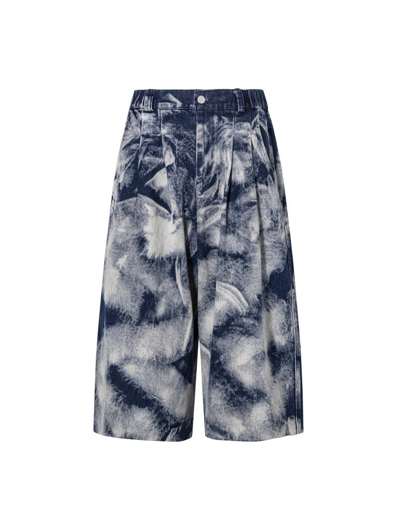 Summer Thin Jacquard Cool Comfortable Fabric Five-Point Denim Shorts Men's Trendy New Wide-Leg Straight Mid-Length Shorts