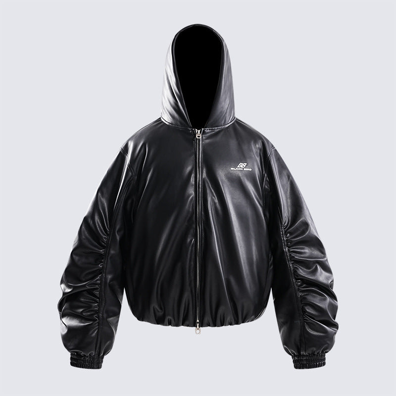 American fashion brand2025New Oversized Men's Hooded Flight Leather Jacket Trendy Street Retro