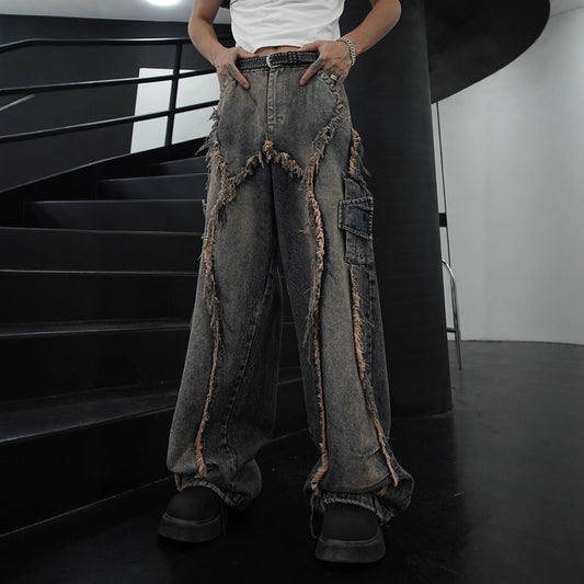 2025American High Street RO Heavy Washed Patchwork Personality Frayed Edge Denim Wide-Leg Pants