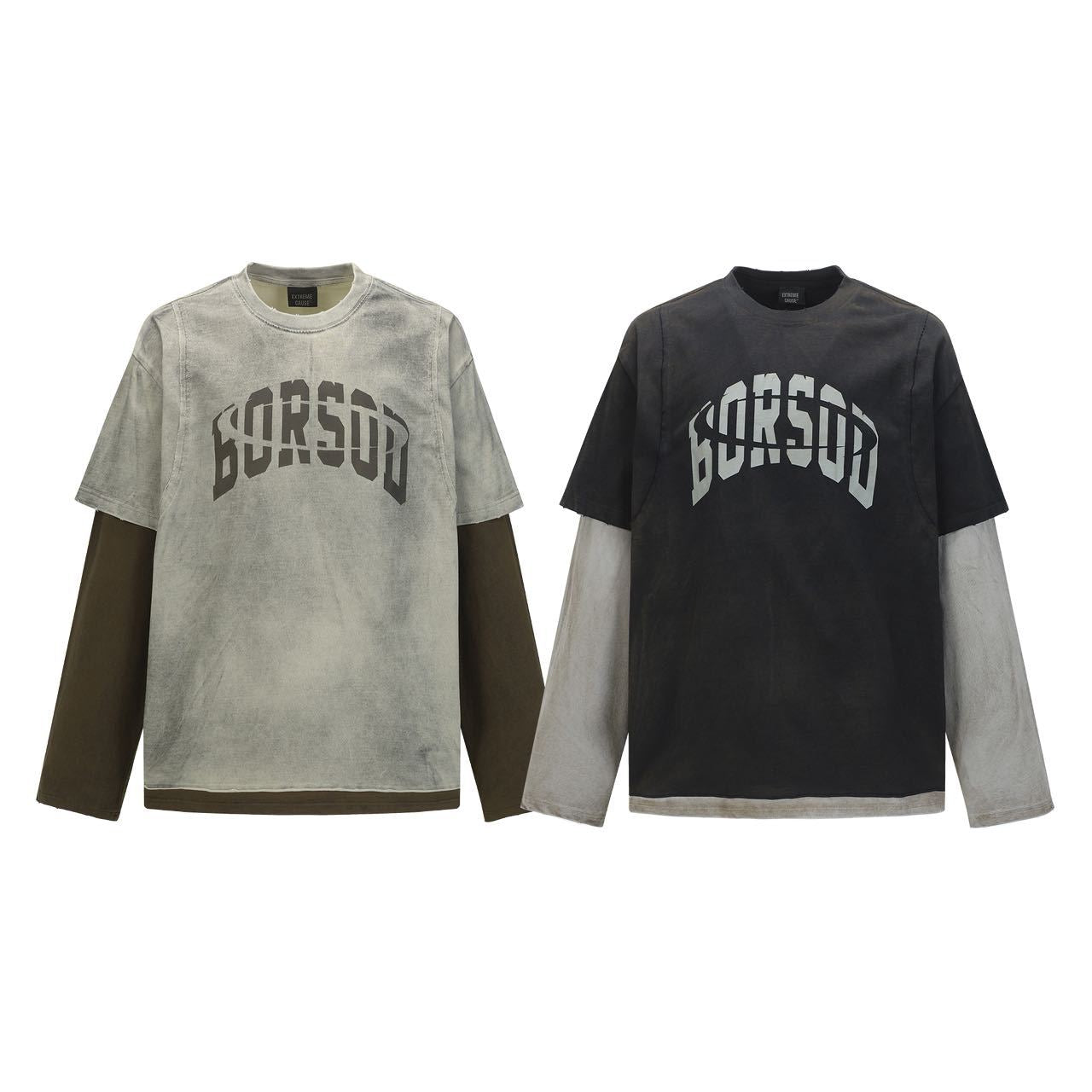 American Street Style Fake Two-Piece Letter Print T Men's and Women's Washed Vintage Two-Piece Set