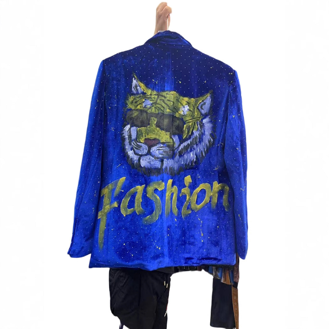 Europe and America2025New Fashion Trendy Casual Hand-painted Letter Tiger Pattern Men's Blazer