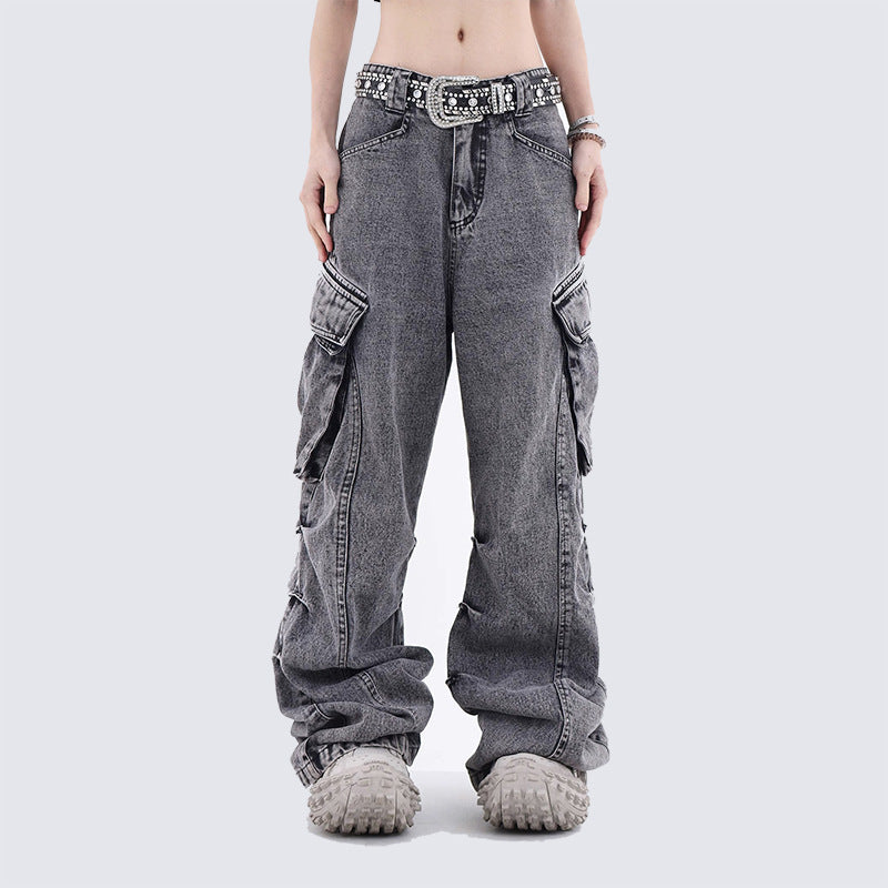 American Retro Washed Vintage Design Pocket Cargo Stacked Wide-Leg Straight Jeans