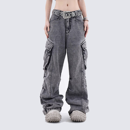 American Retro Washed Vintage Design Pocket Cargo Stacked Wide-Leg Straight Jeans