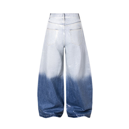 Original Early Autumn New American Retro Street Style High Waist Slimming Rhinestone Gradient Design Loose Wide Leg Jeans