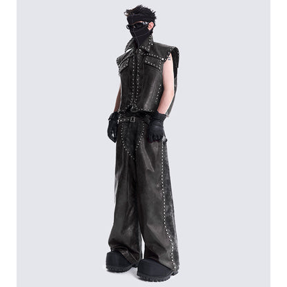 2025European and American Heavy-duty Rivet Leather Pants for Men, Cool Punk Style Motorcycle Suit, Slim Fit Dark Style