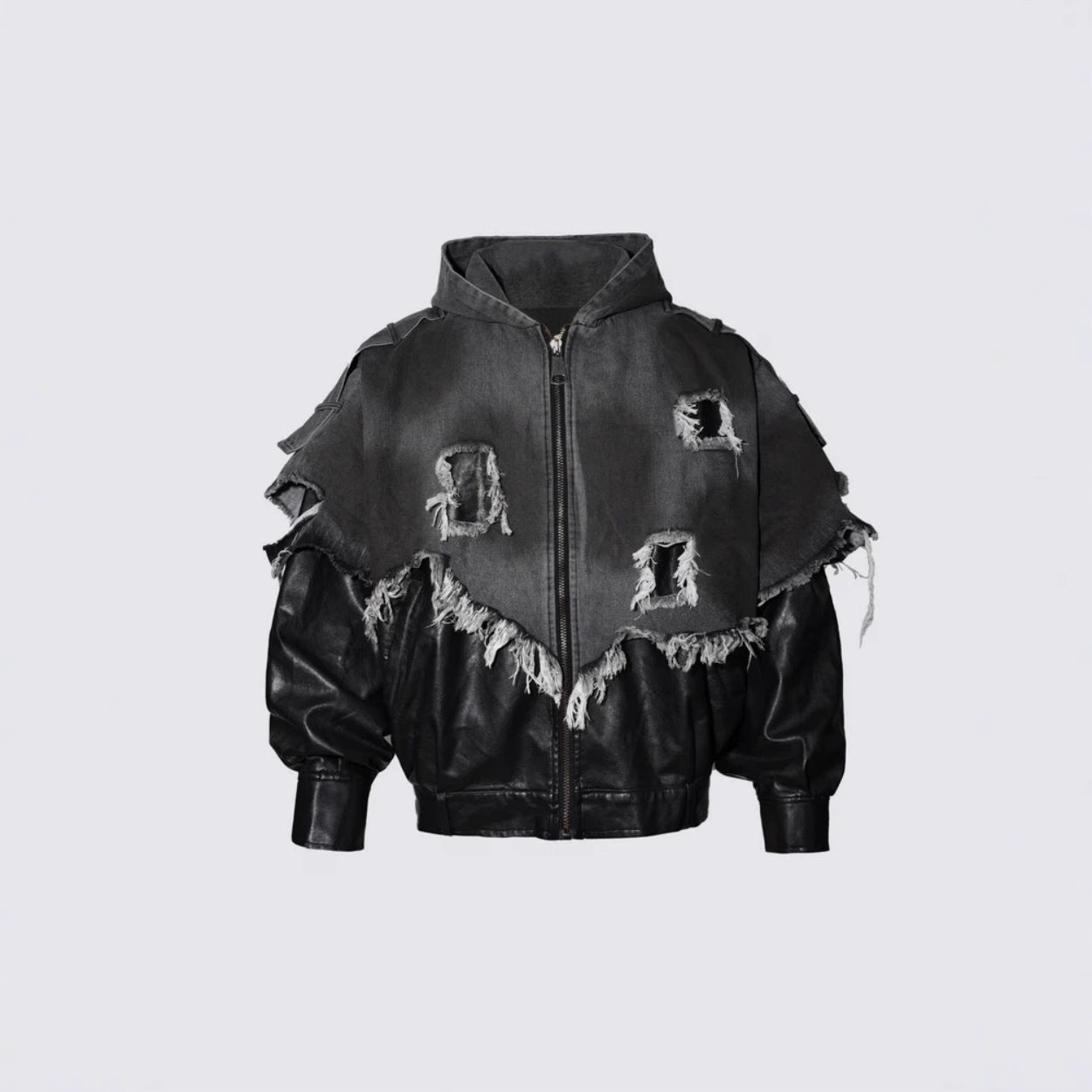 American High Street Vibe Washed Vintage Distressed Frayed Edge Patchwork Color Block Denim Retro Street Punk Hooded Jacket