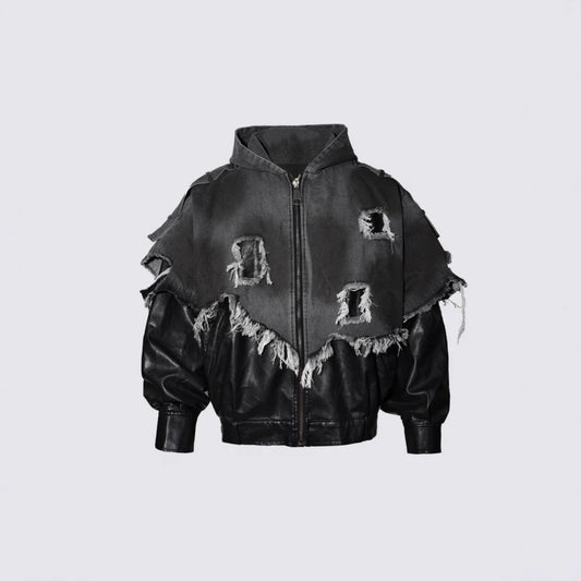American High Street Vibe Washed Vintage Distressed Frayed Edge Patchwork Color Block Denim Retro Street Punk Hooded Jacket