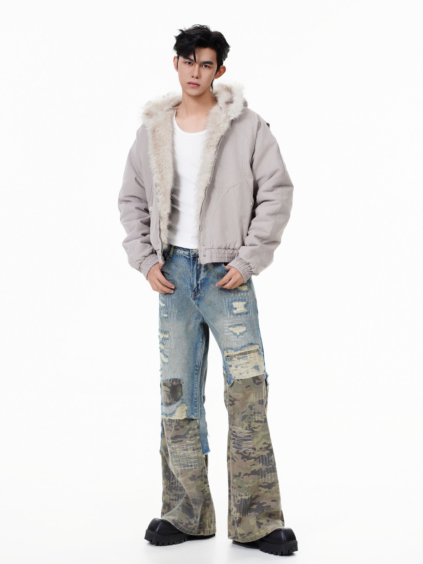 GUOWEAR Pearl Canvas Mountain Eagle Fleece-Lined Jacket American Street Wasteland Style Cotton Coat Men's Fleece-Lined Thickened Jacket