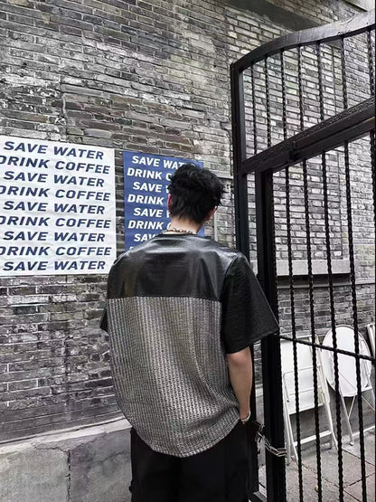 Unique Design Crocodile Pattern Leather Mesh Patchwork Short Sleeve High-end Metal Wide Shoulder Pads T Shirt