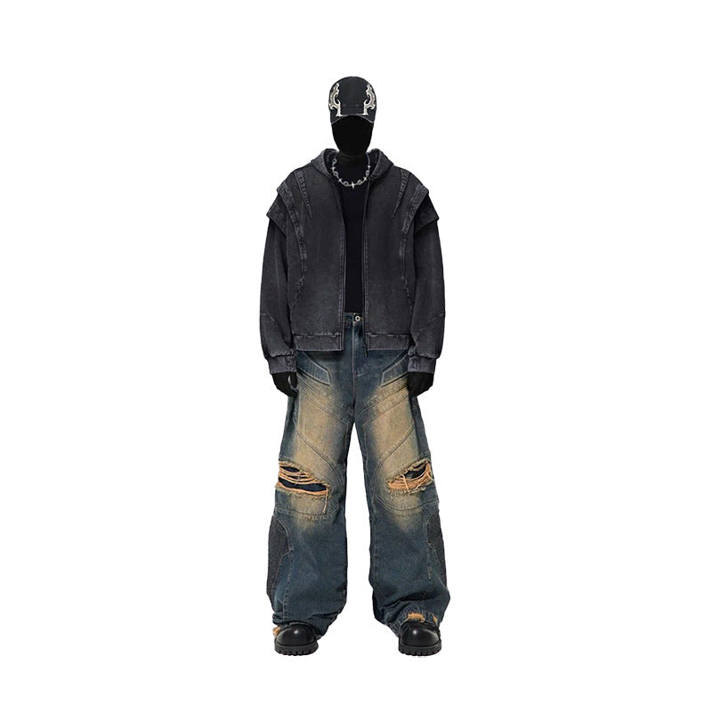 GUOWEAE Street Style Ripped Patchwork Jeans for Men Loose Fit Multi-Pocket Design Personality Long Pants Trendy Brand