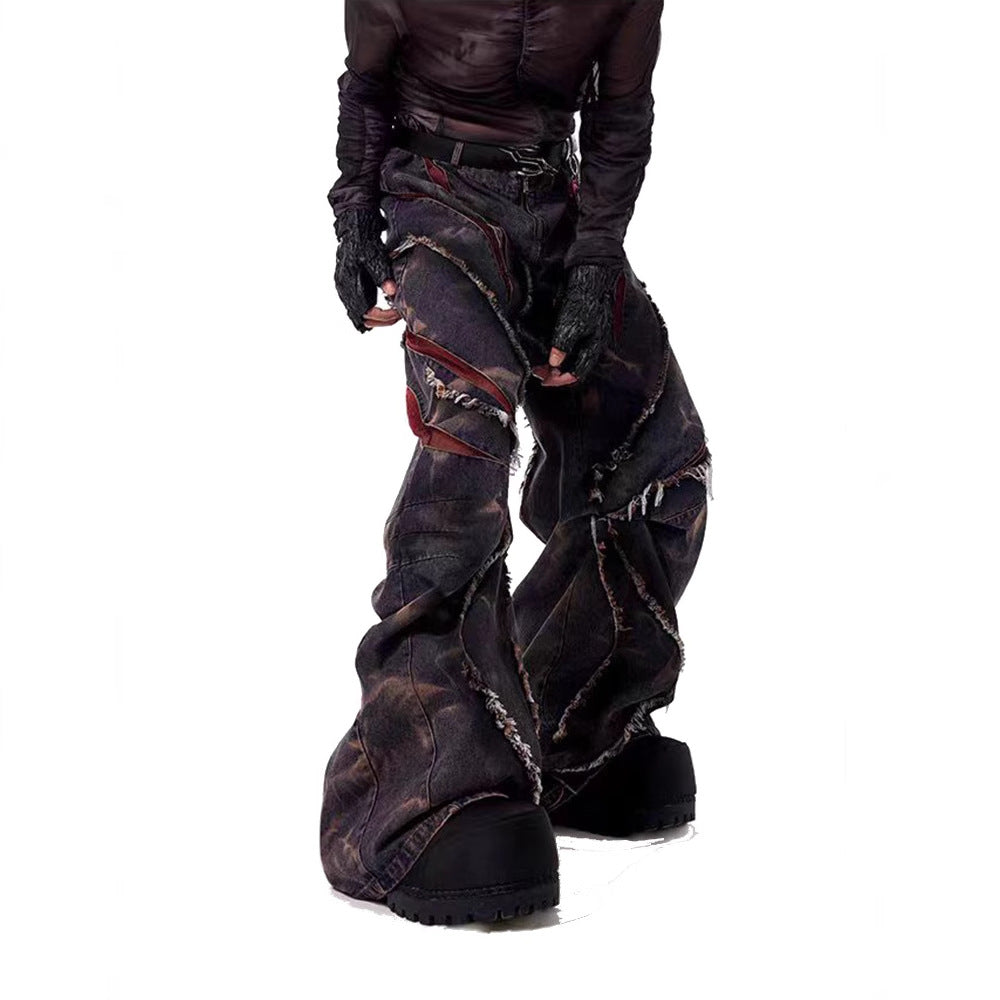 European and American High Street Heavy Craft Snowflake Scimitar Jeans for Men Spring Frayed Edge Patchwork Mesh Wide-Leg Pants