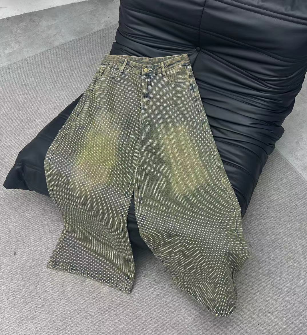 Summer New Crystal Shiny Diamond Straight-Leg Pants Extra Long Denim Floor-Length Pants Shiny Diamond Long Pants New High-Waisted Slimming Style