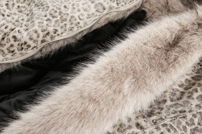 American Retro Style Hooded Thick Cotton Jacket with Leopard Print for Men and Women, Winter Couple's Hooded Cotton Coat