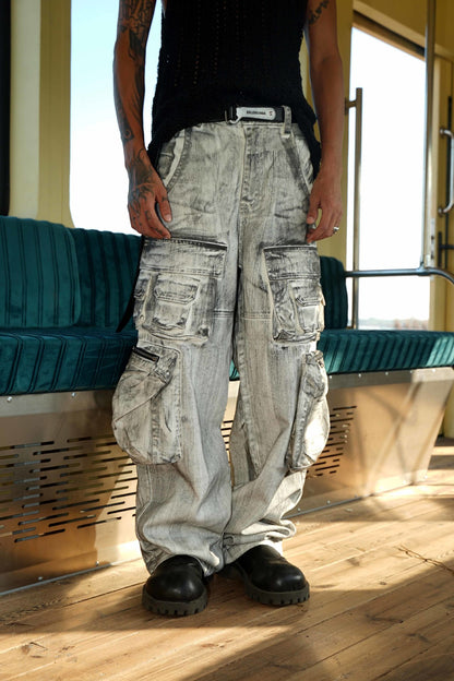 American Style Multi-Pocket Jeans for Men, Niche Retro Blue Wide-Leg Cargo Pants, Couple's European and American Trendy Pants, Cross-Border Trade