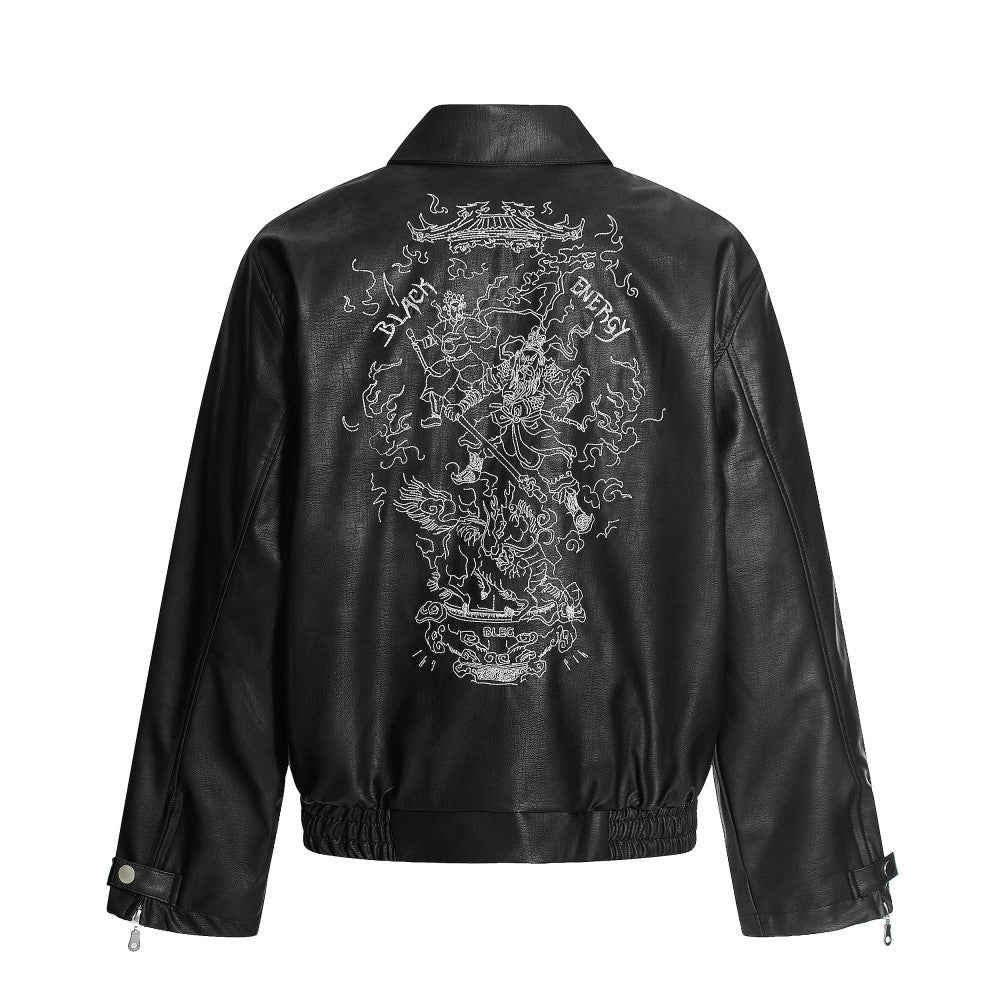 European and American Heavy Embroidery Lapel Loose Short Zipper Leather Jacket Coat