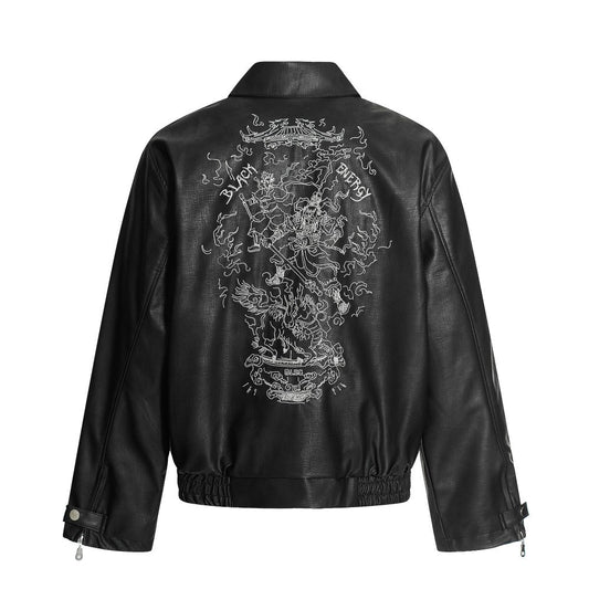 European and American Heavy Embroidery Lapel Loose Short Zipper Leather Jacket Coat
