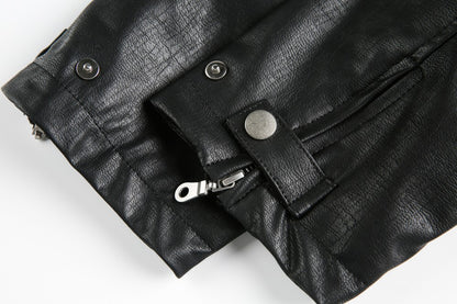 European and American Heavy Embroidery Lapel Loose Short Zipper Leather Jacket Coat