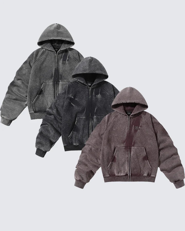 American High Street Vintage Washed Wrinkled Sleeve Hooded Fleece Men's Niche Embroidered Jacket Trendy