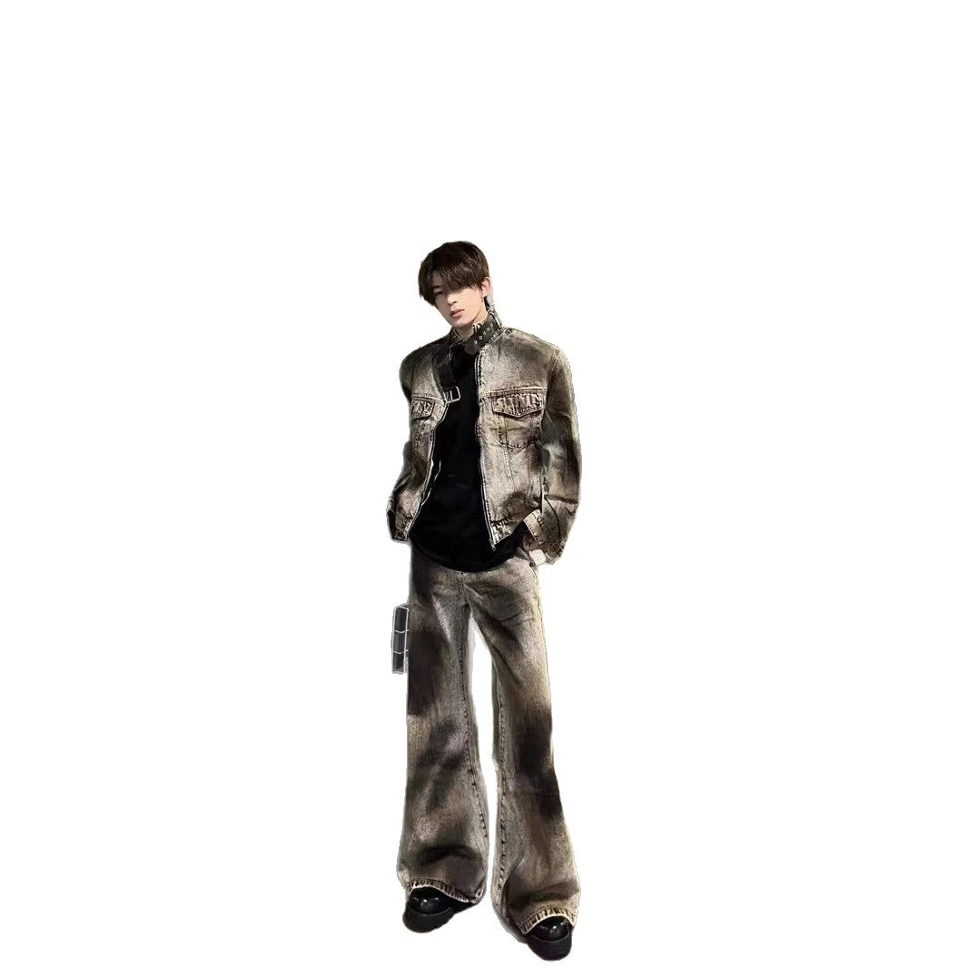 American High Street Retro Distressed Wasteland Style Washed Wrinkled Flared Jeans for Men European and American Wide-Leg Pants Trendy Long Pants