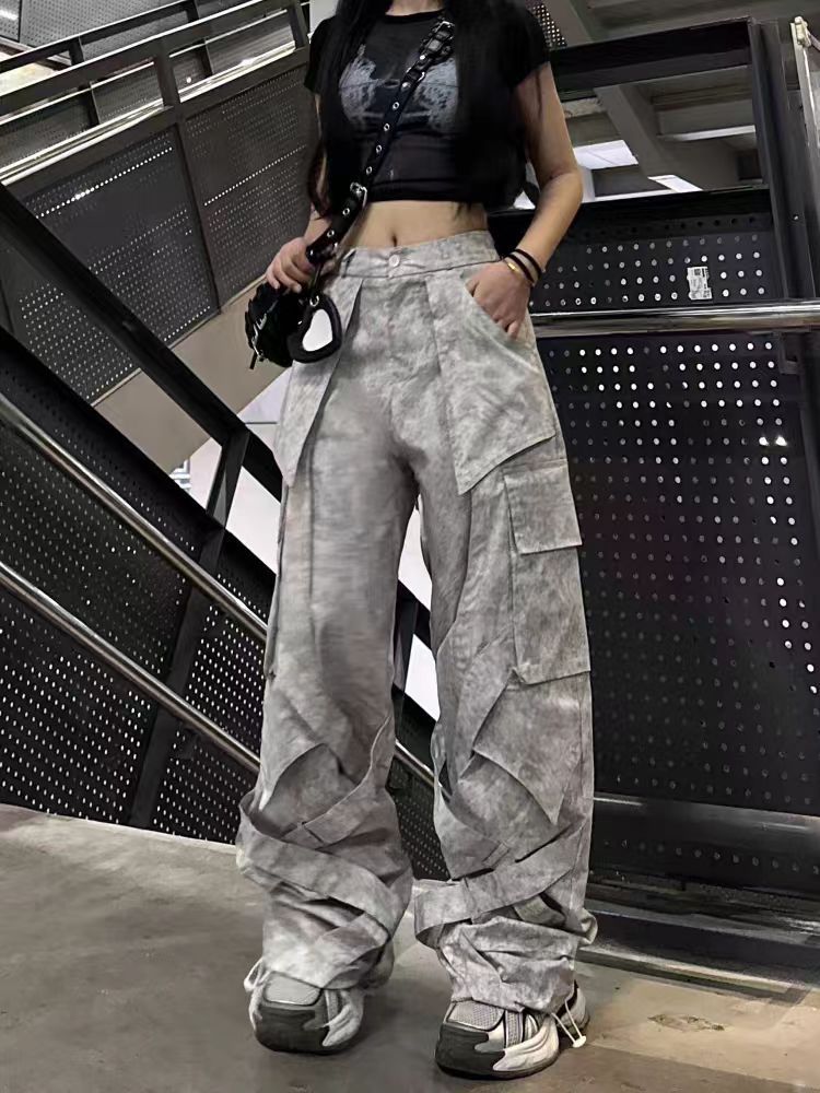 Cross-Border American Style Dirty Gray Street Dance Wide-Leg Cargo Pants Unisex Straight-Leg Casual Pants Ribbon Hip-Hop High Street Floor-Length Pants