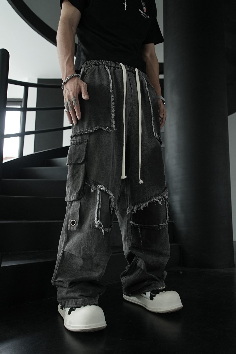 European and American High Street Heavy Wash Vintage Jeans for Men and Women Multi-Pocket Patchwork Frayed Edge Distressed Straight Casual Pants