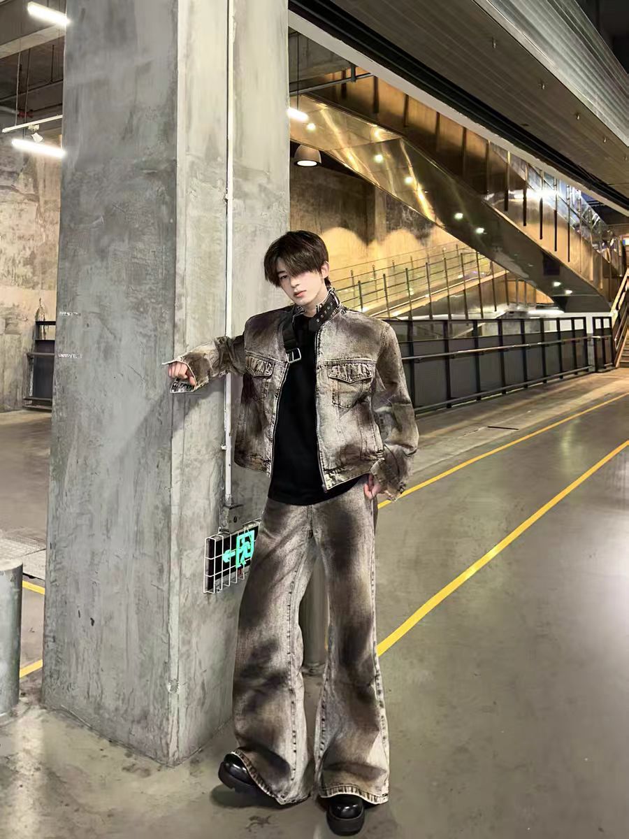 American High Street Retro Distressed Wasteland Style Washed Wrinkled Flared Jeans for Men European and American Wide-Leg Pants Trendy Long Pants