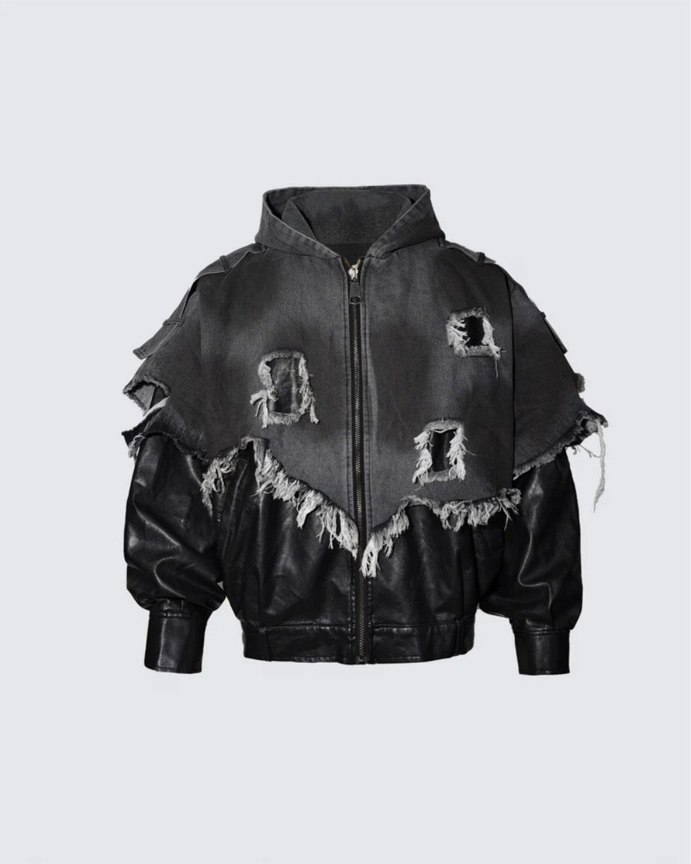 American High Street Vibe Washed Vintage Distressed Frayed Edge Patchwork Color Block Denim Retro Street Punk Hooded Jacket