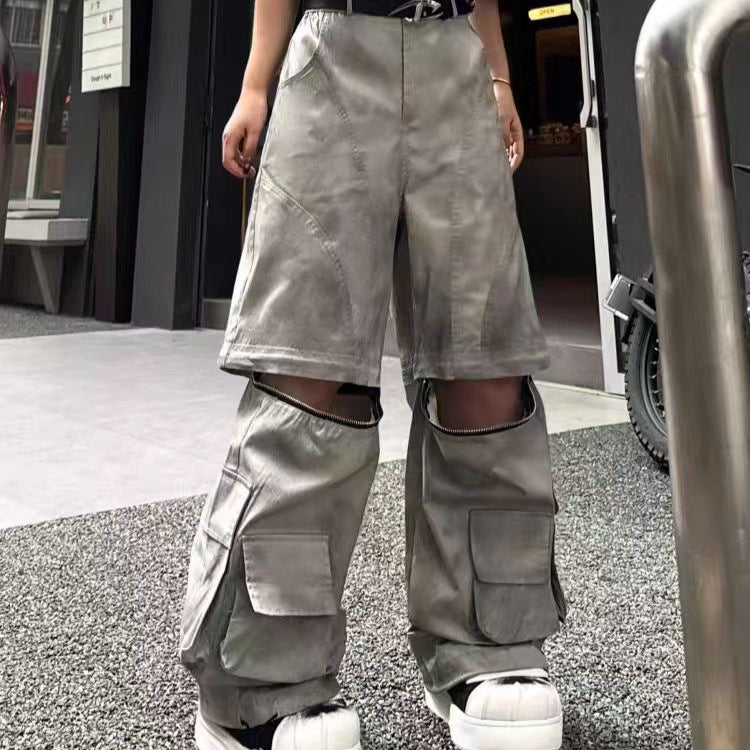 European and American Style Long Design Sense Wasteland Vintage Dirty Dyed Cargo Pants for Men and Women with Detachable Multi-Pocket Zipper Hip-Hop Street Dance