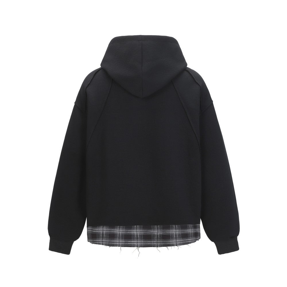 2025New Fake Two-Piece Distressed Plaid Patchwork Hooded Sweatshirt Unisex American Style Niche Loose Hoodie Trendy