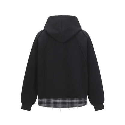 2025New Fake Two-Piece Distressed Plaid Patchwork Hooded Sweatshirt Unisex American Style Niche Loose Hoodie Trendy