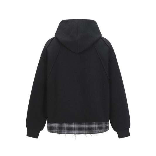 2025New Fake Two-Piece Distressed Plaid Patchwork Hooded Sweatshirt Unisex American Style Niche Loose Hoodie Trendy