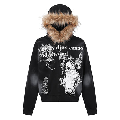 GUO WEAR  American Retro Hip-Hop Street Style Fur Collar Hooded Cardigan Sweatshirt for Men and Women, Autumn and Winter Trendy Brand