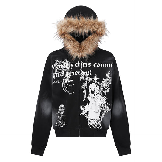 GUO WEAR  American Retro Hip-Hop Street Style Fur Collar Hooded Cardigan Sweatshirt for Men and Women, Autumn and Winter Trendy Brand
