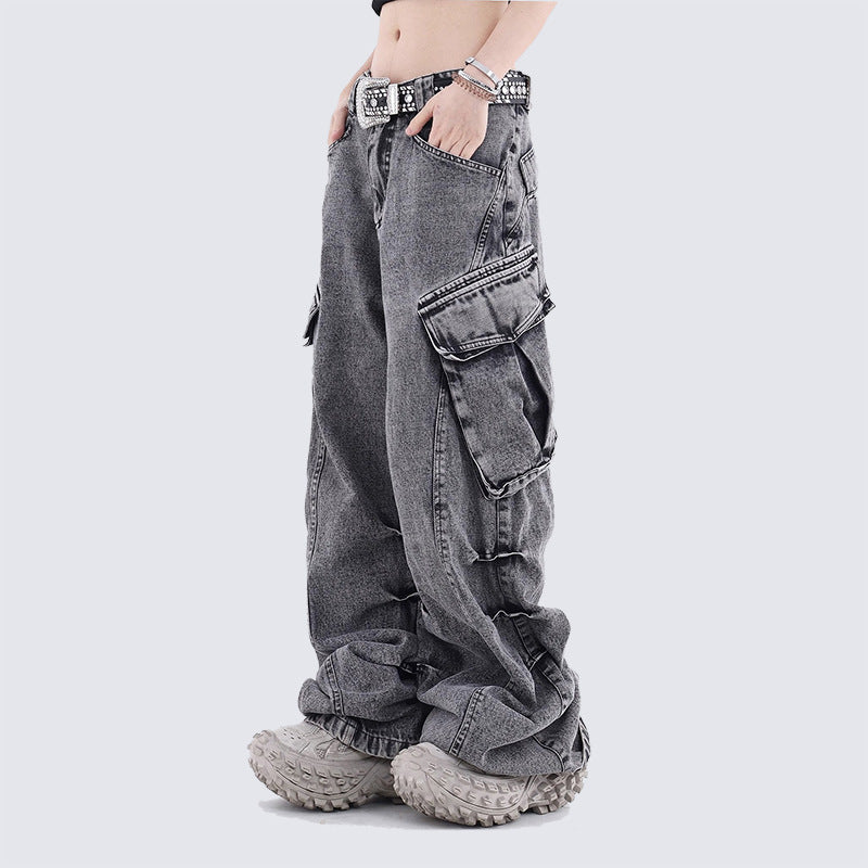 GUOWEAR American Retro Washed Vintage Design Pocket Cargo Stacked Wide-Leg Straight Jeans