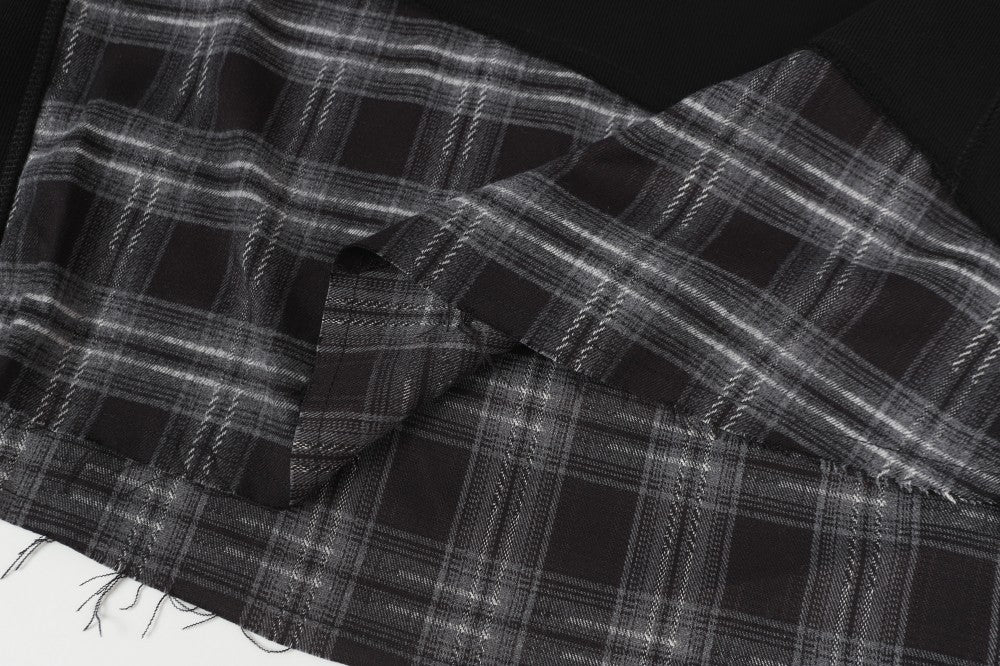 2025New Fake Two-Piece Distressed Plaid Patchwork Hooded Sweatshirt Unisex American Style Niche Loose Hoodie Trendy