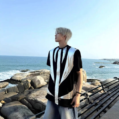 2025Summer New Men's High Street ins Wind Short Sleeve Stylish Color Block Design T T-shirt Breathable