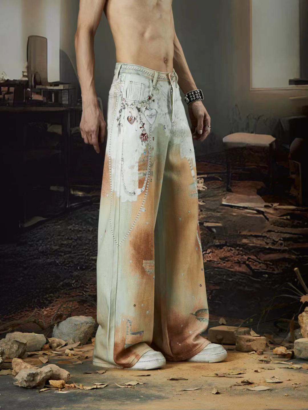 Cross-Border Heavy Industry Chain Print Jeans for Men and Women Summer American Style Straight-Leg Floor-Length Pants