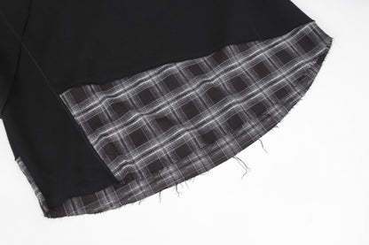 2025New Fake Two-Piece Distressed Plaid Patchwork Hooded Sweatshirt Unisex American Style Niche Loose Hoodie Trendy