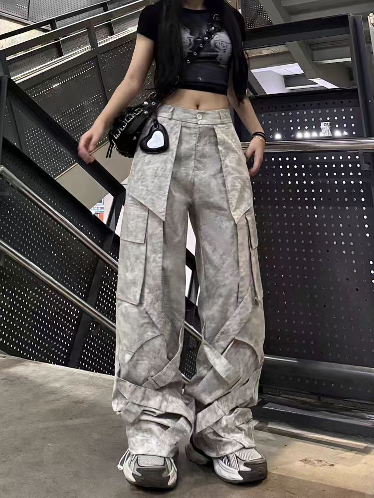 Cross-Border American Style Dirty Gray Street Dance Wide-Leg Cargo Pants Unisex Straight-Leg Casual Pants Ribbon Hip-Hop High Street Floor-Length Pants