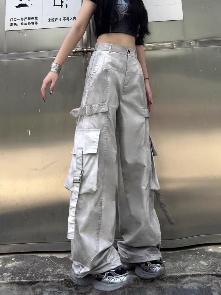 American Style Dirty Gray Wide-Leg Cargo Pants for Men and Women with Ribbon Jazz Hip-Hop High Street hiphop Straight-leg pants