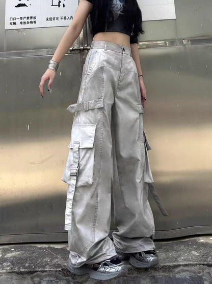 American Style Dirty Gray Wide-Leg Cargo Pants for Men and Women with Ribbon Jazz Hip-Hop High Street hiphop Straight-leg pants