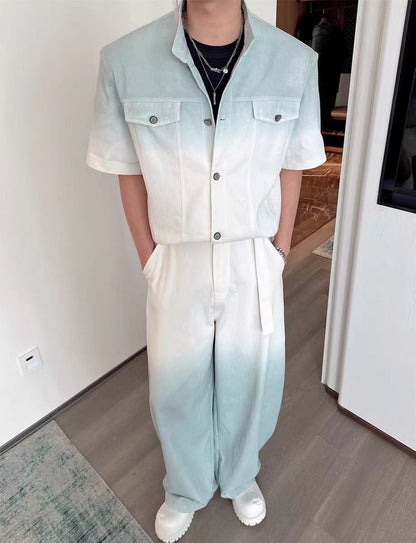 Gradient Short Sleeve Denim Suit for Men2025Summer Loose Casual Scimitar Wide-Leg Pants Jacket Set