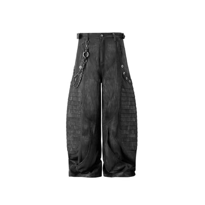 Dark Heavy Industry Structure Double Layer Structure Spliced Wide Leg Loose Frayed Tassel Distressed Jeans