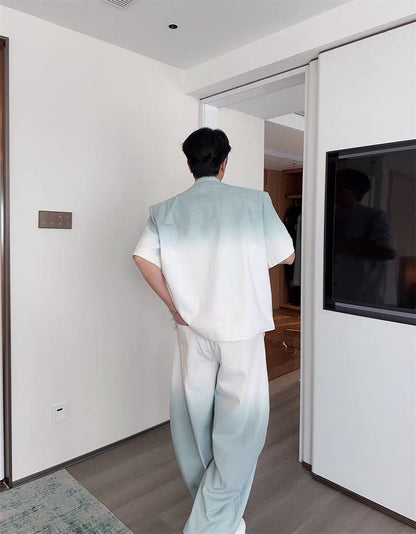 Gradient Short Sleeve Denim Suit for Men2025Summer Loose Casual Scimitar Wide-Leg Pants Jacket Set